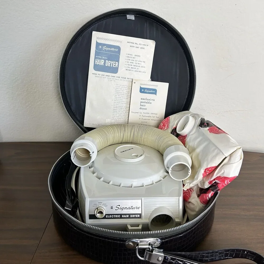 Vintage Signature Portable Electric Hair Dryer With Hat Box - Tested/Works Japan